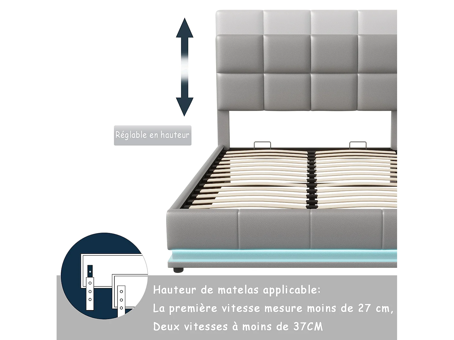 Lit rembourré 140x200 cm avec éclairage LED et rangement de lit relevable hydraulique éclairé, simili cuir, gris