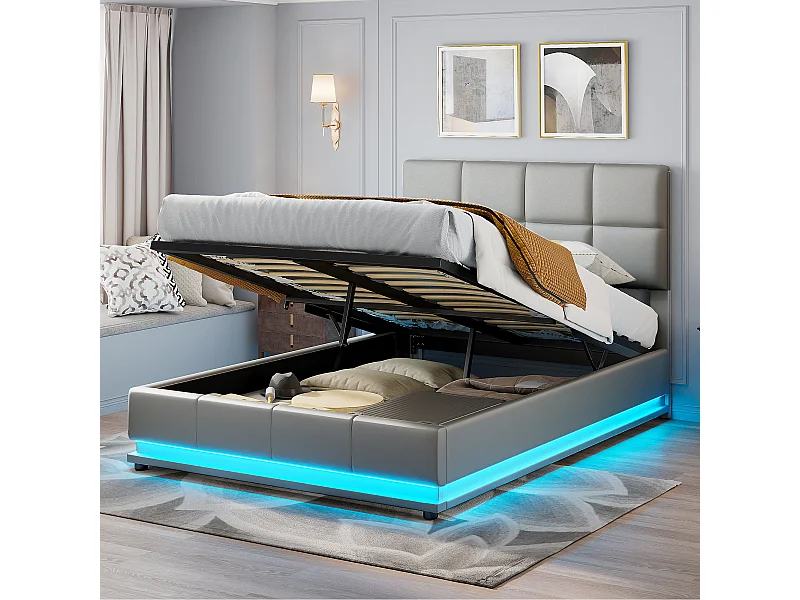 Lit rembourré 140x200 cm avec éclairage LED et rangement de lit relevable hydraulique éclairé, simili cuir, gris