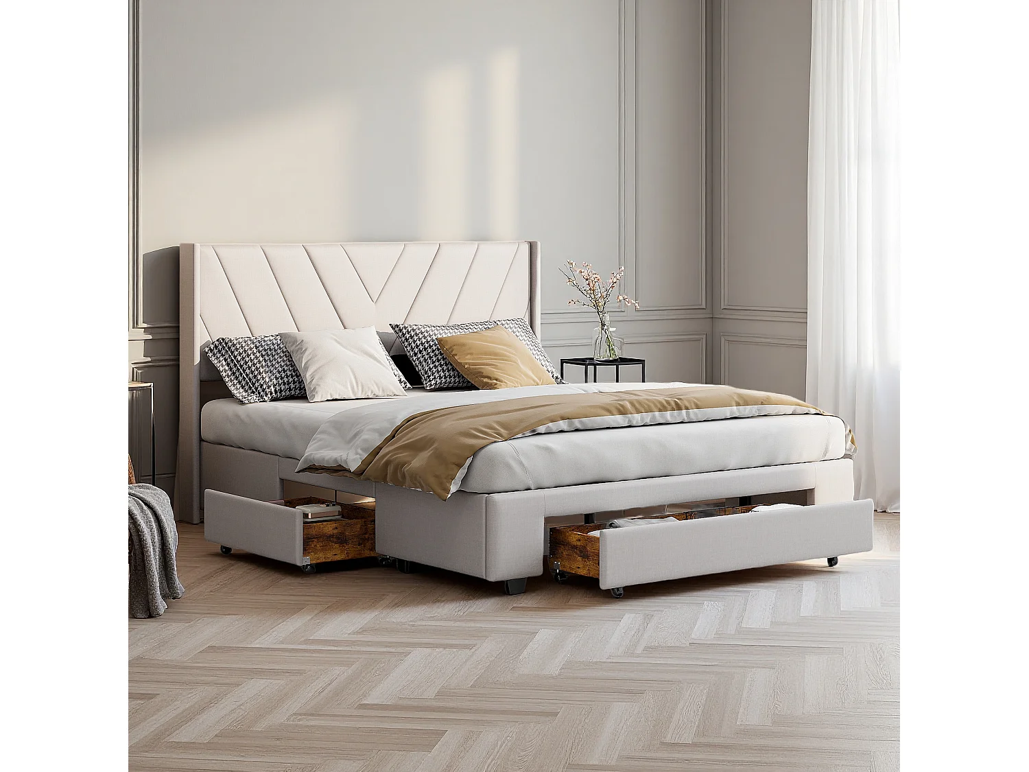 Bed 160x200 cm, tweepersoonsbed met 1 grote en 2 kleine lades, gestoffeerd bed met houten lattenbodem, voor volwassenen en tieners, linnen, beige
