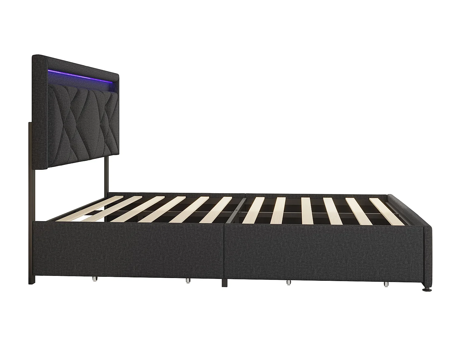 Tweepersoonsbed 160*200cm, nachtkastje met LED- en USB-aansluitingen, 4 ijzeren lades, linnen, donkergrijs