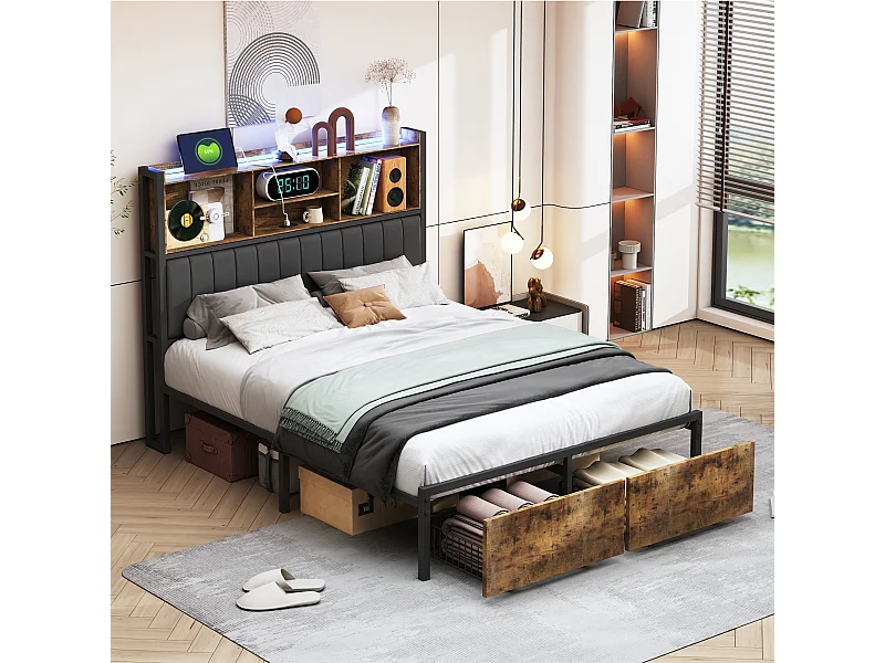 Letto matrimoniale 140x200 cm con 2 cassetti, struttura in metallo, spazio di archiviazione nella testiera, ricarica USB, LED, nero