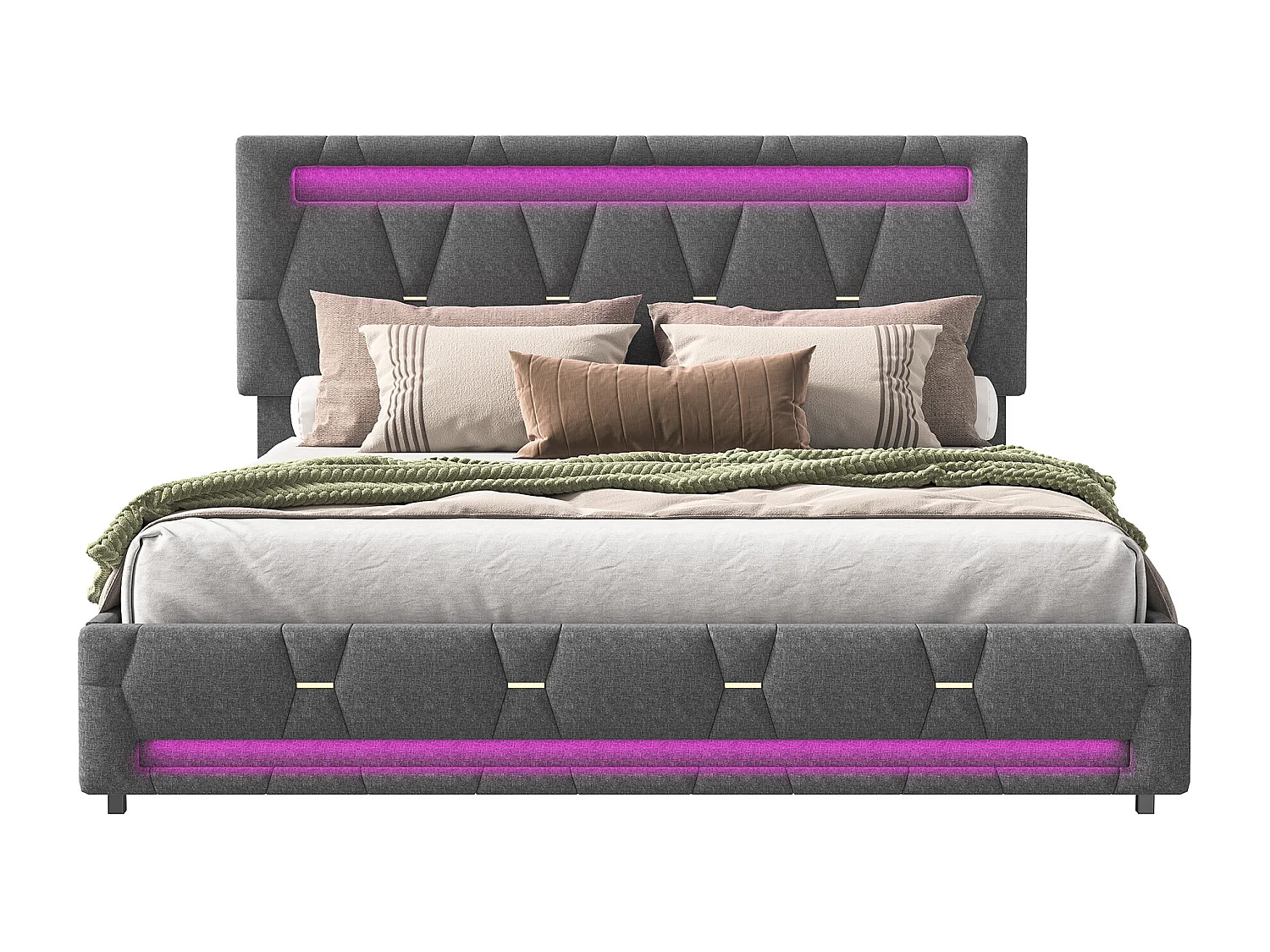 Cama de casal estofada 140 x 200 cm, LED, com estrado de ripas, arrumação, Cinza