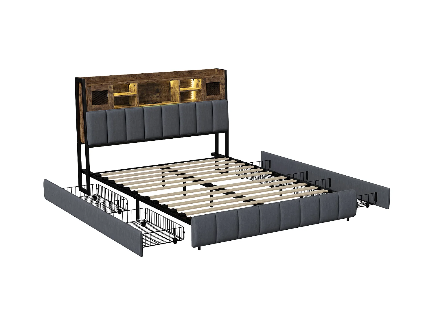 Struttura letto 140*200cm, comodino con contenitore illuminato + cassetto portaoggetti, dotato di presa di ricarica, nero, lino