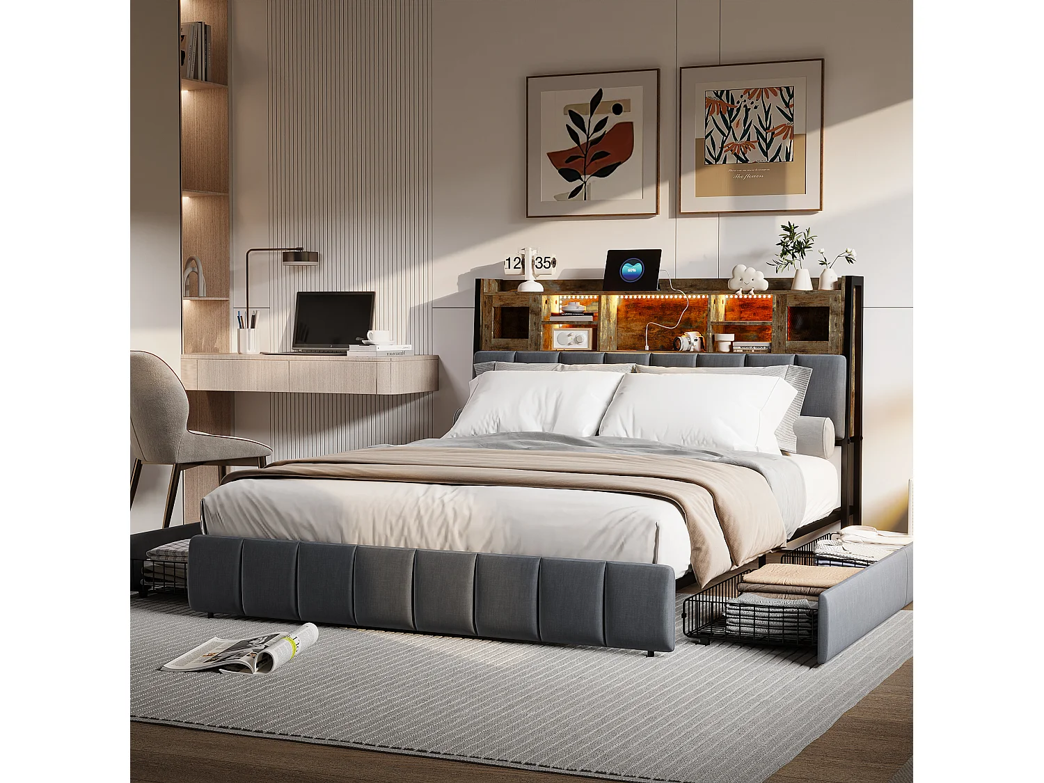 Estructura de cama 140*200cm, mesita de noche con almacenaje iluminado + cajón de almacenaje, equipada con toma de carga, color negro, lino