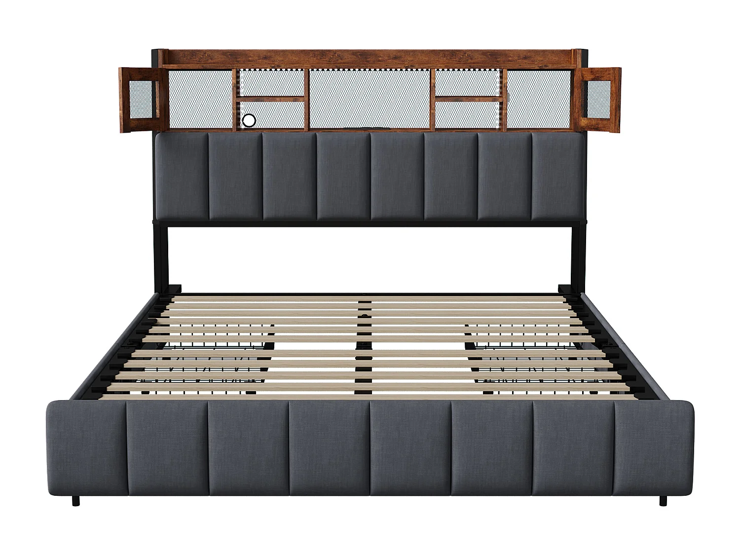 Struttura letto 160*200cm, comodino con contenitore illuminato + cassetto portaoggetti, dotato di presa di ricarica, nero, lino