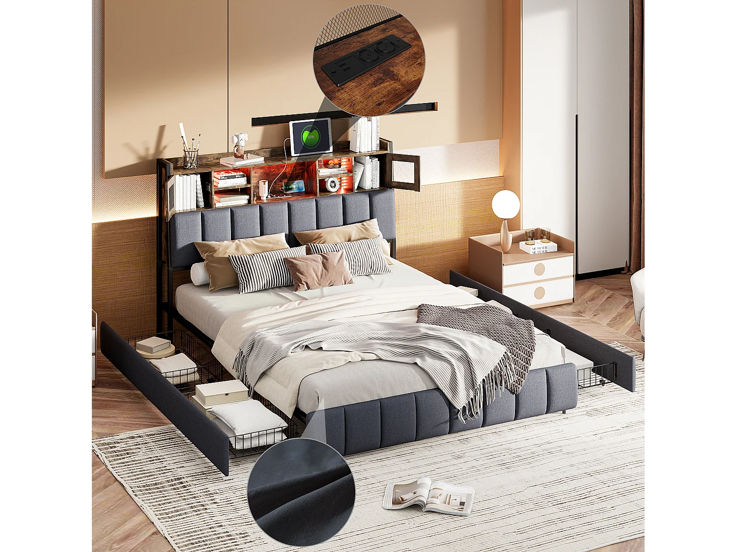 Struttura letto 160*200cm, comodino con contenitore illuminato + cassetto portaoggetti, dotato di presa di ricarica, nero, lino