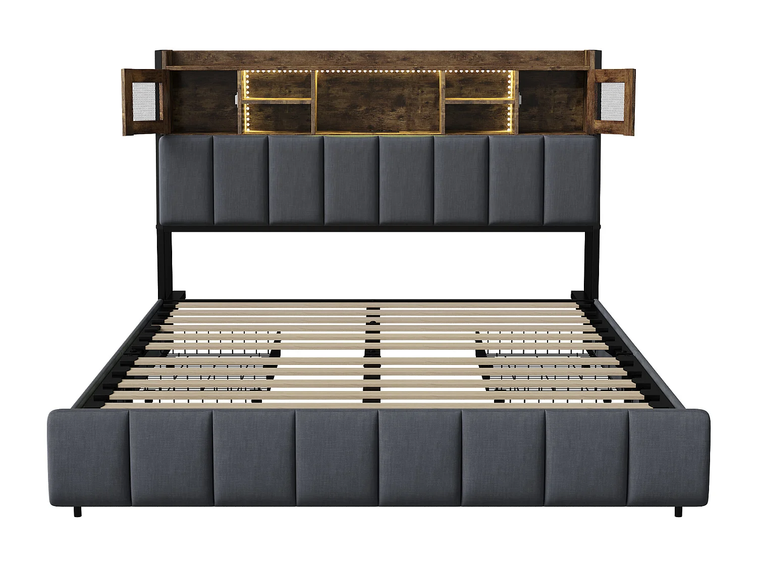 Struttura letto 160*200cm, comodino con contenitore illuminato + cassetto portaoggetti, dotato di presa di ricarica, nero, lino