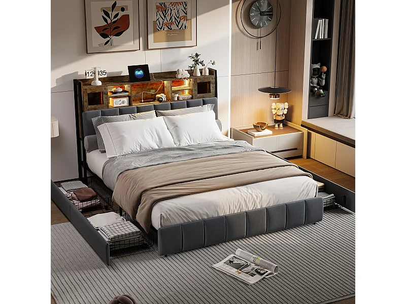 Estructura de cama 160*200cm, mesita de noche con almacenaje iluminado + cajón de almacenaje, equipada con toma de carga, color negro, lino