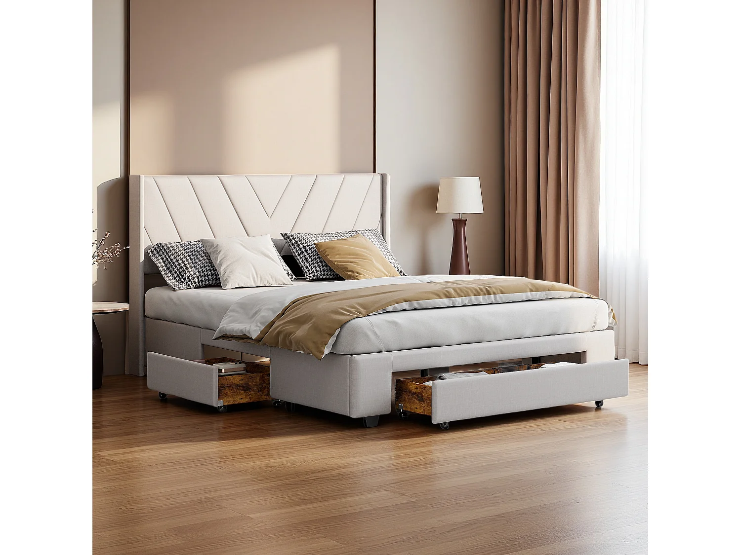 lit 140x200 cm, lit Double avec Grand tiroir et 2 Petits tiroirs, Lit Rembourré avec Sommier à Lattes en Bois, pour Adultes et Adolescents, en Lin, Beige