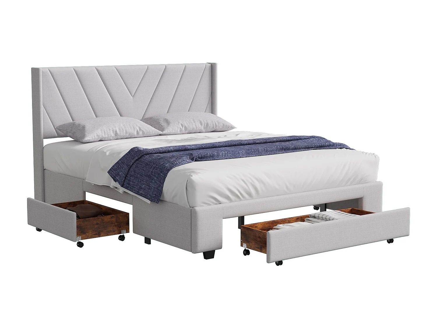 lit 140x200 cm, lit Double avec Grand tiroir et 2 Petits tiroirs, Lit Rembourré avec Sommier à Lattes en Bois, pour Adultes et Adolescents, en Lin, Beige