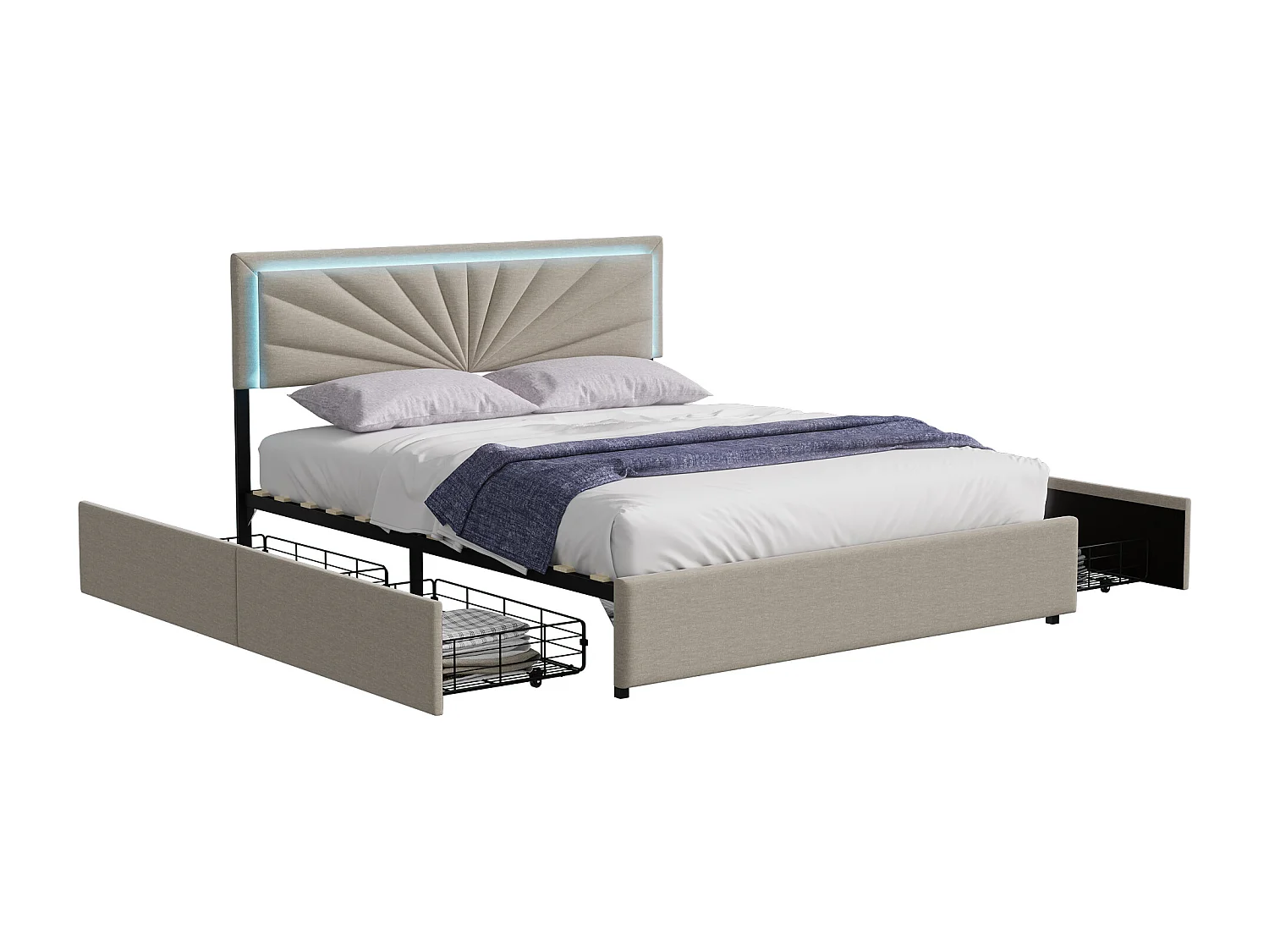 Tweepersoonsbedframe 140 x 200 cm, vier grote lades, hoofdbord met LED, beige, linnen