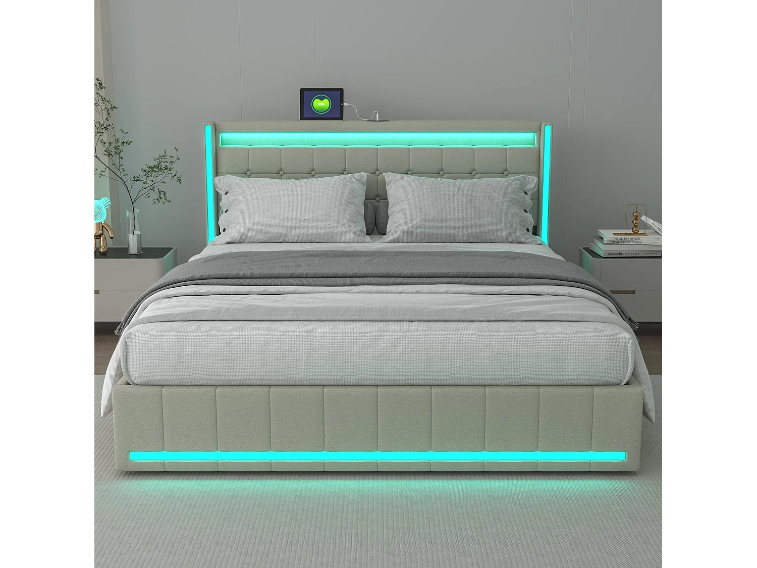 Lit double 140*200 cm, port de chargement USB de chevet, lumière LED, avec 4 tiroirs en fer, beige, lin