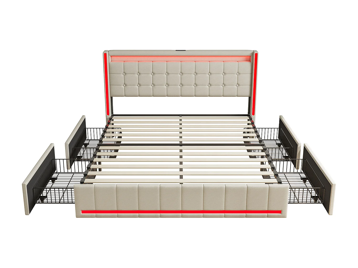 Tweepersoonsbed 140*200 cm, USB-oplaadpoort naast het bed, LED-verlichting, met 4 ijzeren lades, beige, linnen