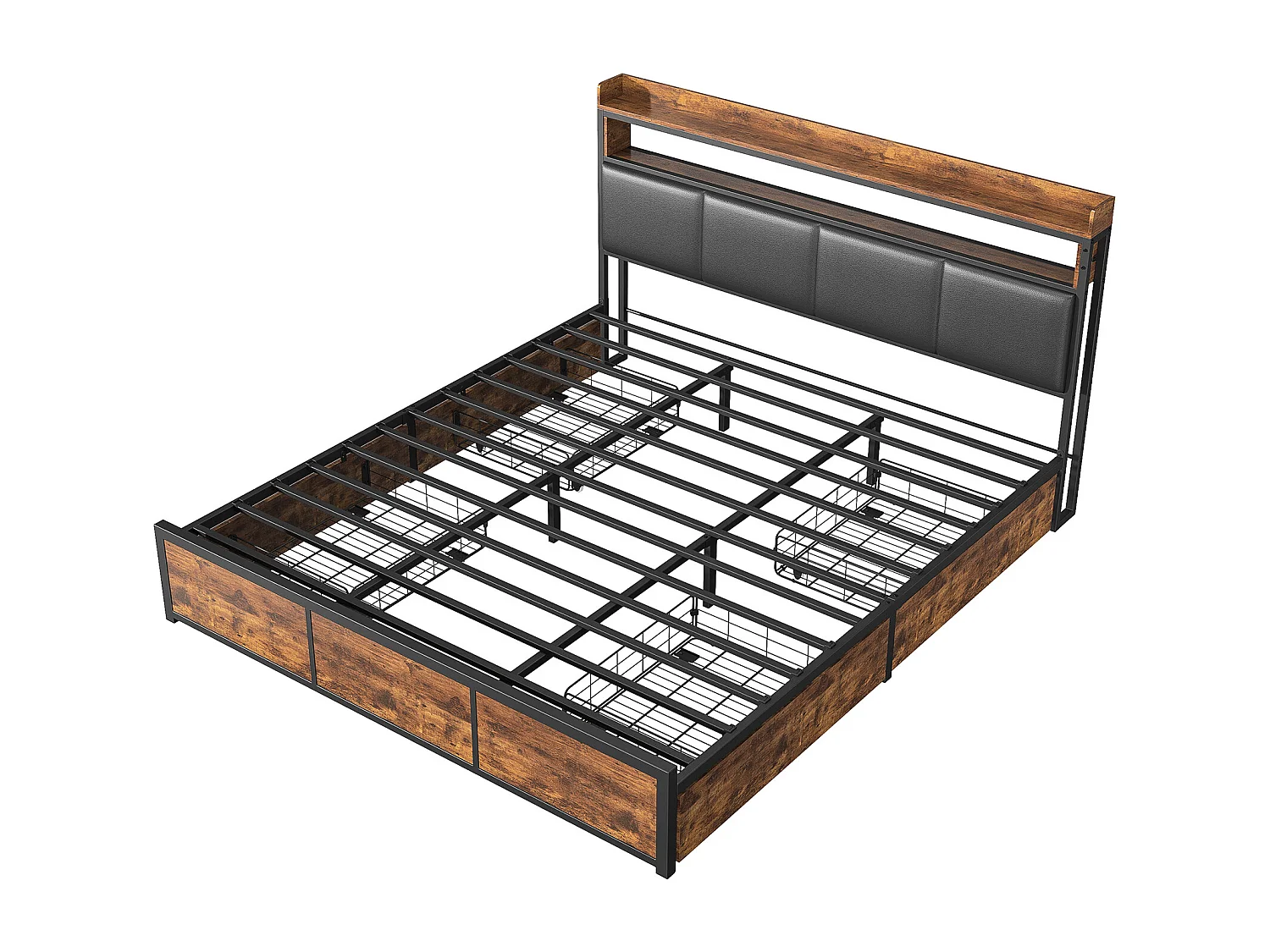 Lit double 180 x 200 cm, lit double en métal avec éclairage LED, 4 tiroirs pratiques et lit de nuit élégant en polyuréthane, Noire