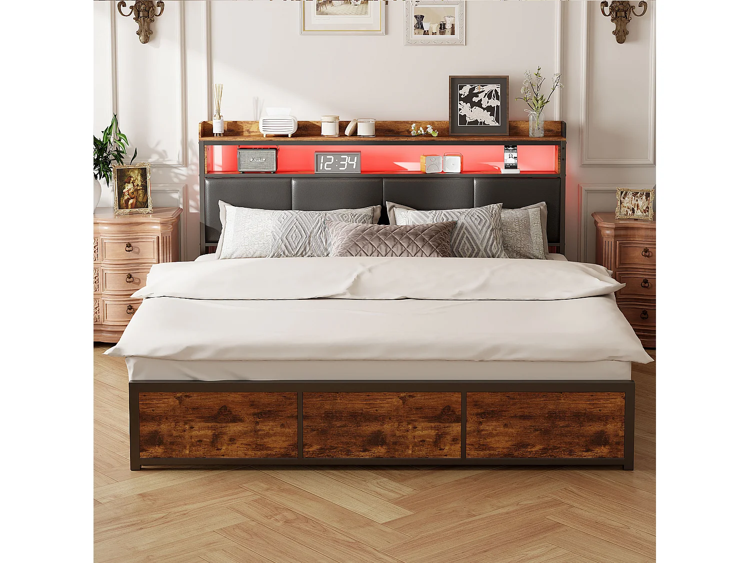 Lit double 180 x 200 cm, lit double en métal avec éclairage LED, 4 tiroirs pratiques et lit de nuit élégant en polyuréthane, Noire