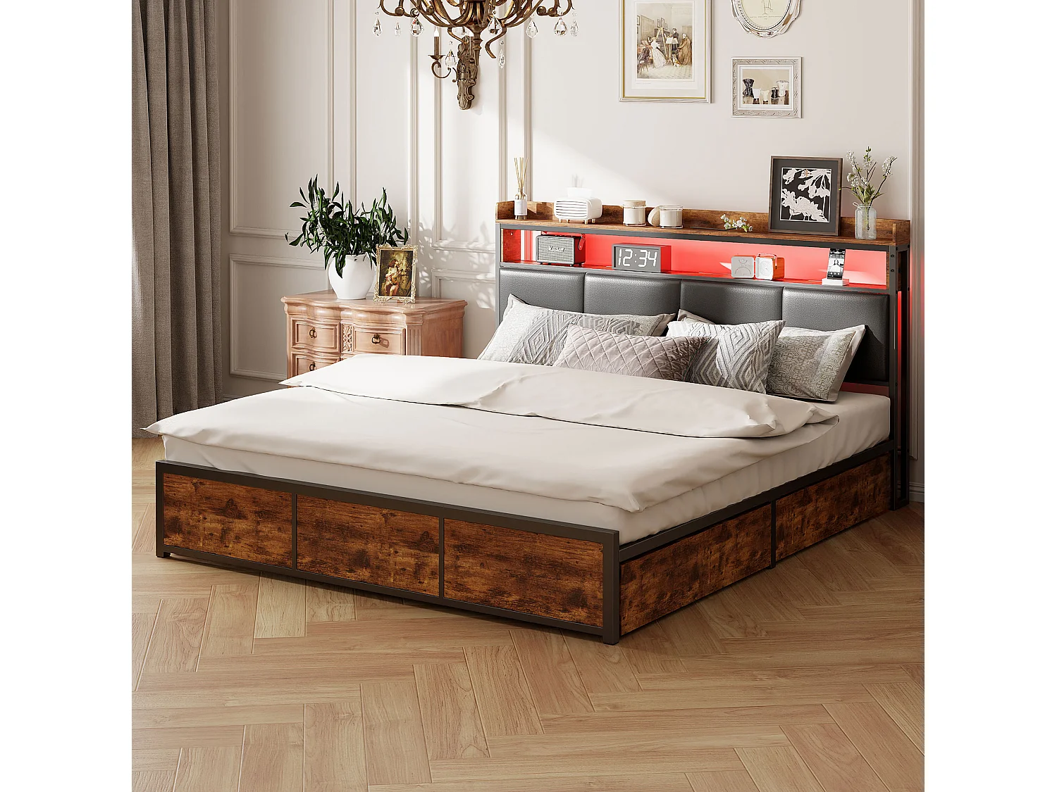 Lit double 180 x 200 cm, lit double en métal avec éclairage LED, 4 tiroirs pratiques et lit de nuit élégant en polyuréthane, Noire