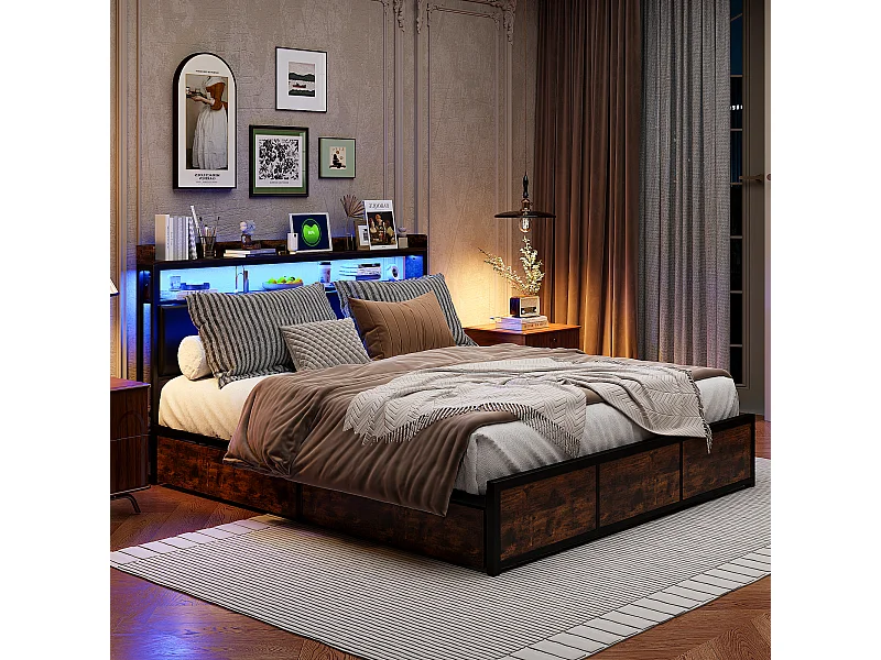 Cama 140x200 cm con somier, LED, 4 cajones, Juvenil, Sin colchón