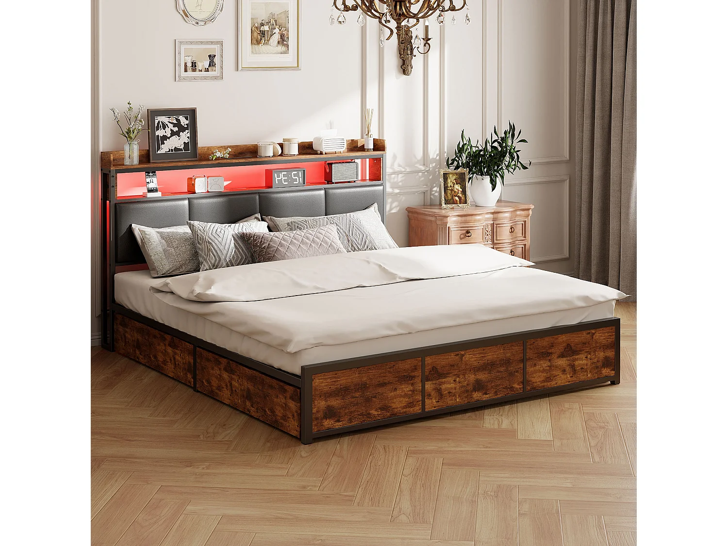 Bed van 140x200 cm met lattenbodem, ledverlichting en 4 lades, geschikt voor tieners. Matras niet inbegrepen.