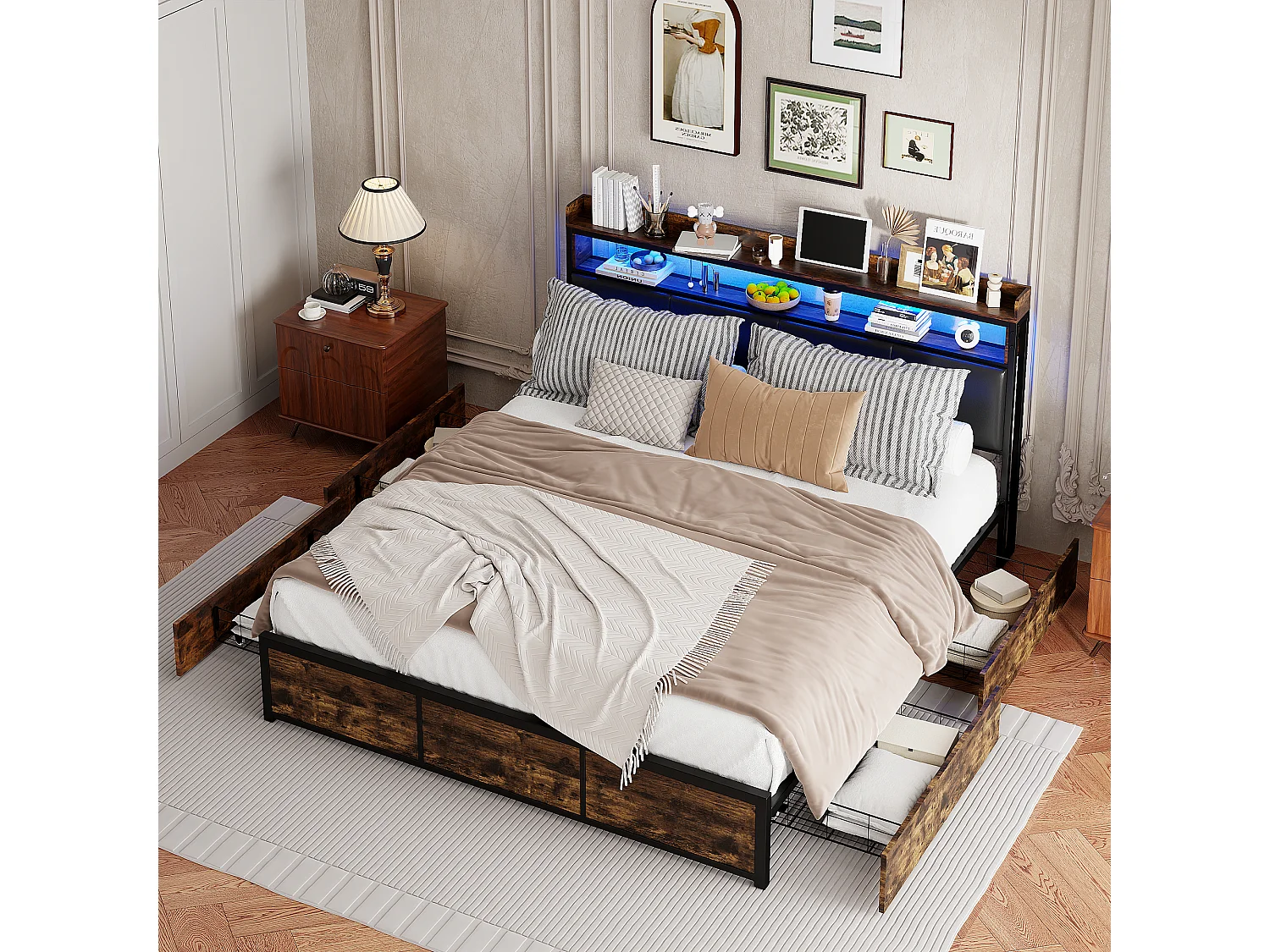 Lit 140x200 cm avec Sommier, 2 Personnes, Tête de Lit Rembourrée avec Étagère et Éclairage LED, avec 4 Tiroirs, PU, Noir