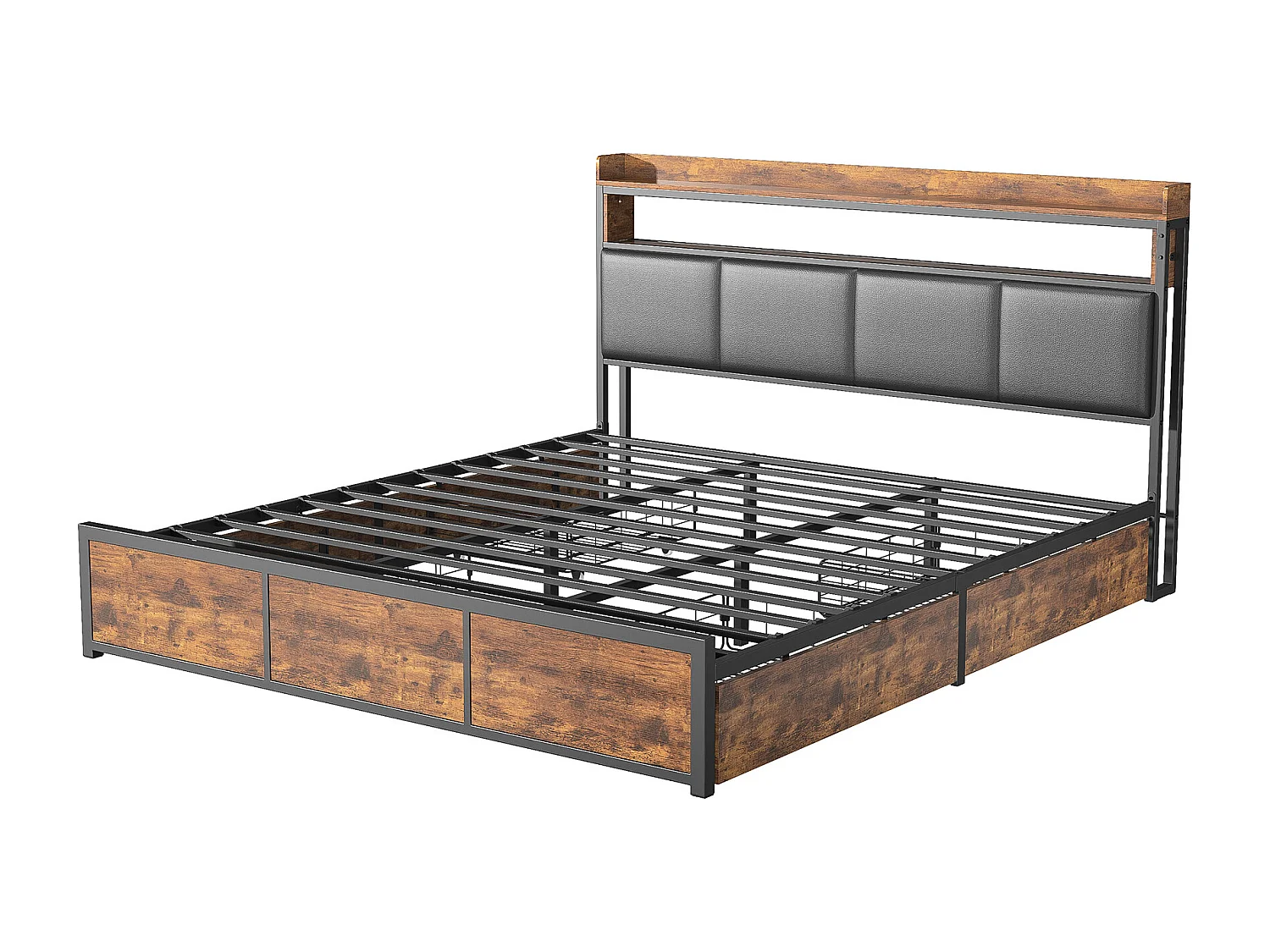 Lit 140x200 cm avec Sommier, 2 Personnes, Tête de Lit Rembourrée avec Étagère et Éclairage LED, avec 4 Tiroirs, PU, Noir