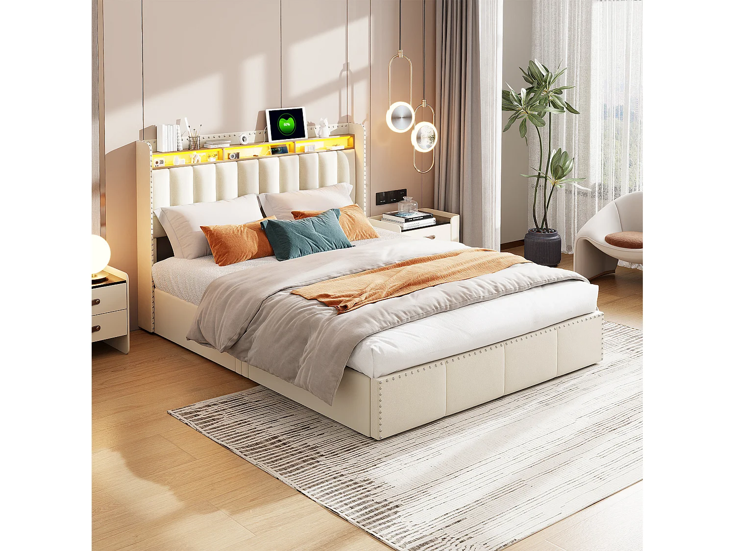 Décoration rivet lit double 140*200cm, rangement de chevet avec rangement tige de pression d'air, beige, velours