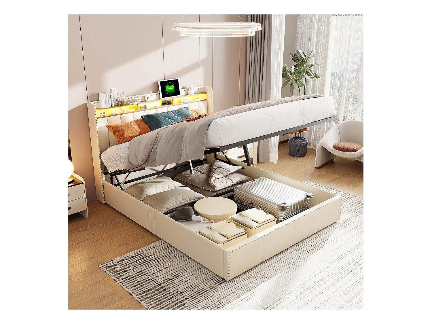 Décoration rivet lit double 140*200cm, rangement de chevet avec rangement tige de pression d'air, beige, velours
