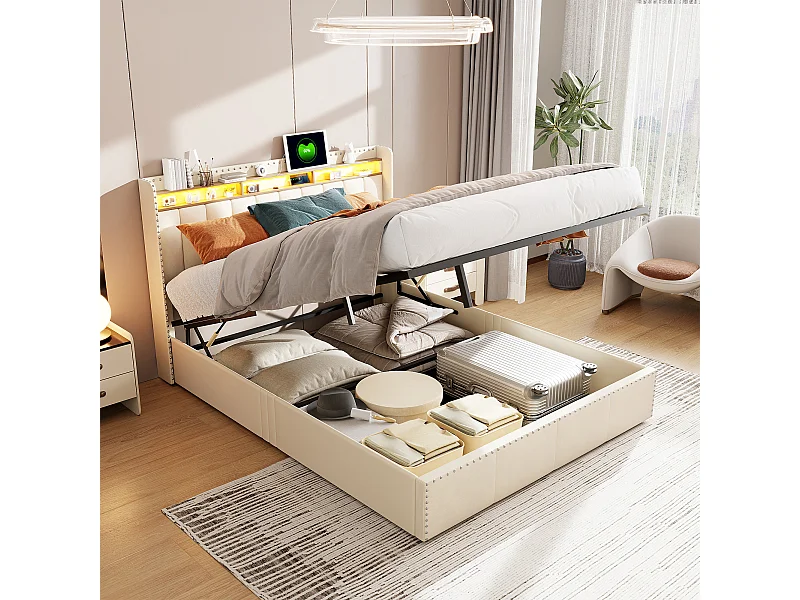 Cama de casal com decoração de rebites 140*200cm, armazenamento de cabeceira com armazenamento de haste de pressão de ar, bege, veludo