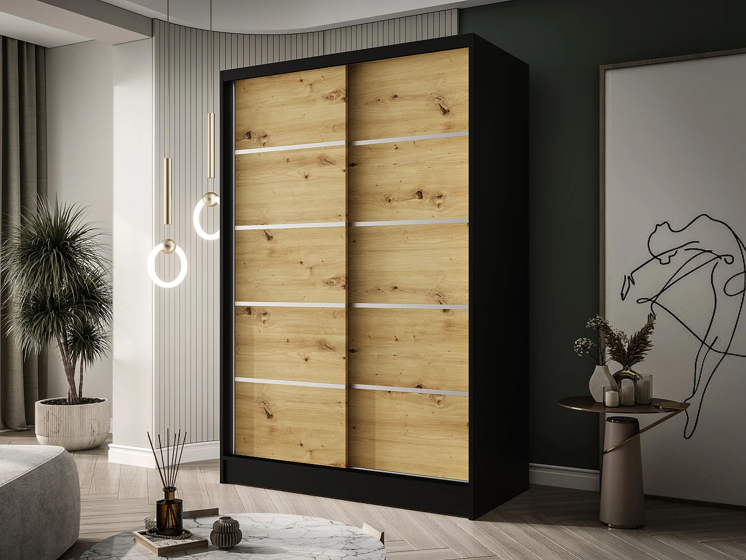 Zweitüriger Schiebeschrank LAUSANNE L4, Regalböden und Kleiderstange (Schwarz/Artisan)