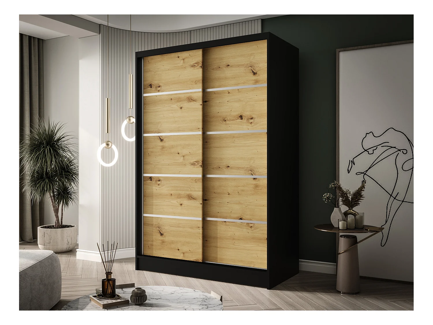 Zweitüriger Schiebeschrank LAUSANNE L4, Regalböden und Kleiderstange (Schwarz/Artisan)