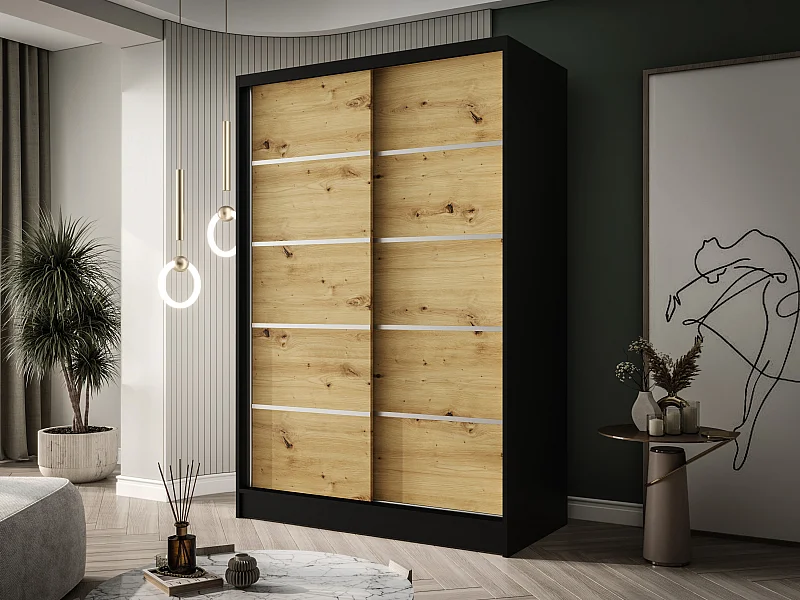 Zweitüriger Schiebeschrank LAUSANNE L4, Regalböden und Kleiderstange (Schwarz/Artisan)