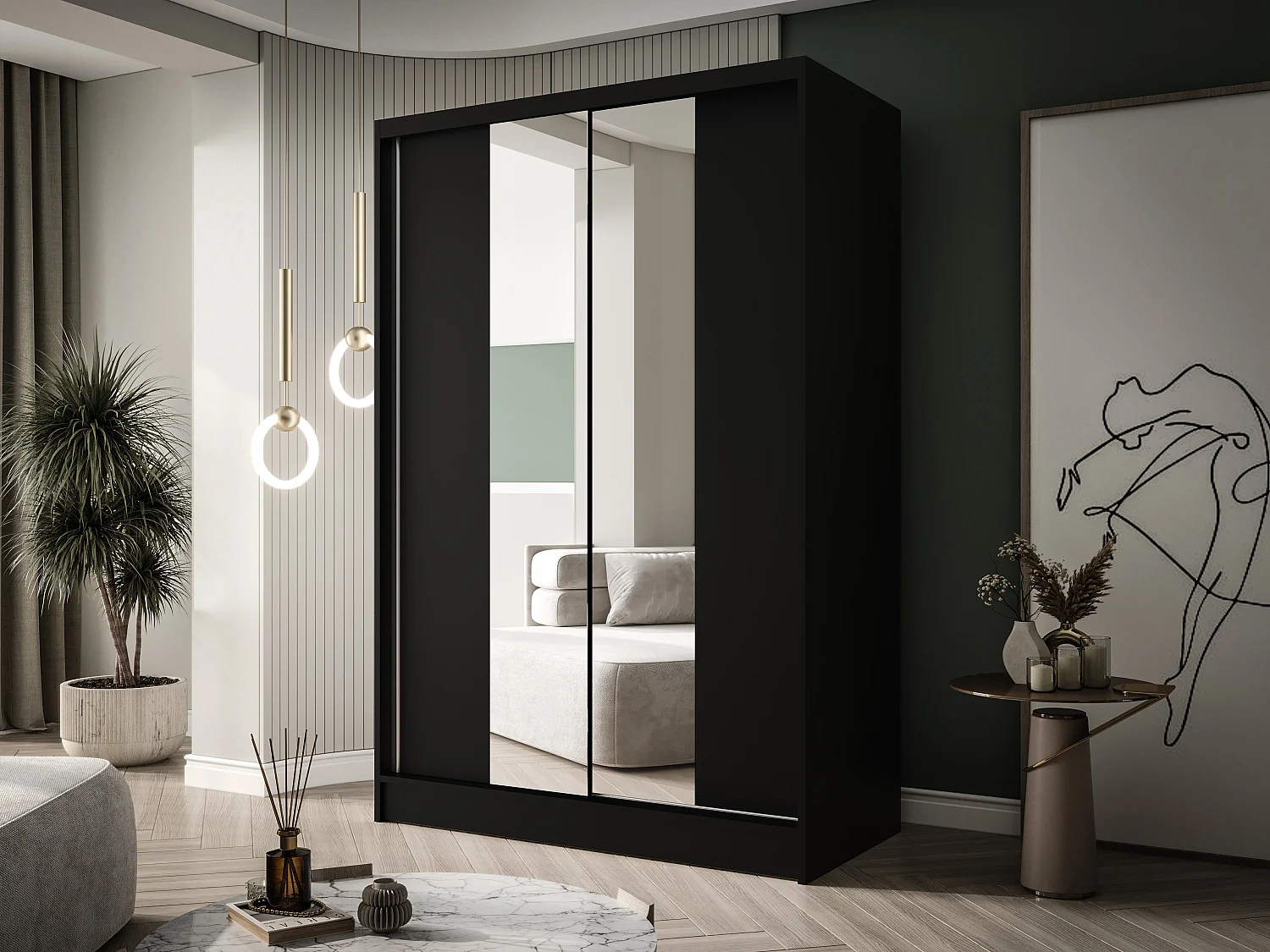 Zweitüriger Schiebeschrank mit Spiegel LAUSANNE L2, Regalböden und Kleiderstange (Schwarz)