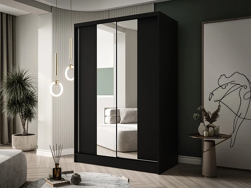 Zweitüriger Schiebeschrank mit Spiegel LAUSANNE L2, Regalböden und Kleiderstange (Schwarz)