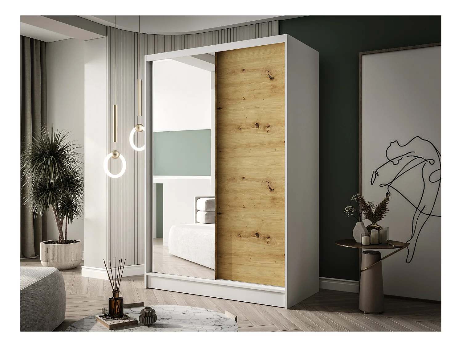 Zweitüriger Schiebeschrank mit Spiegel LAUSANNE L1, Regalböden und Kleiderstange (Weiß/Artisan)