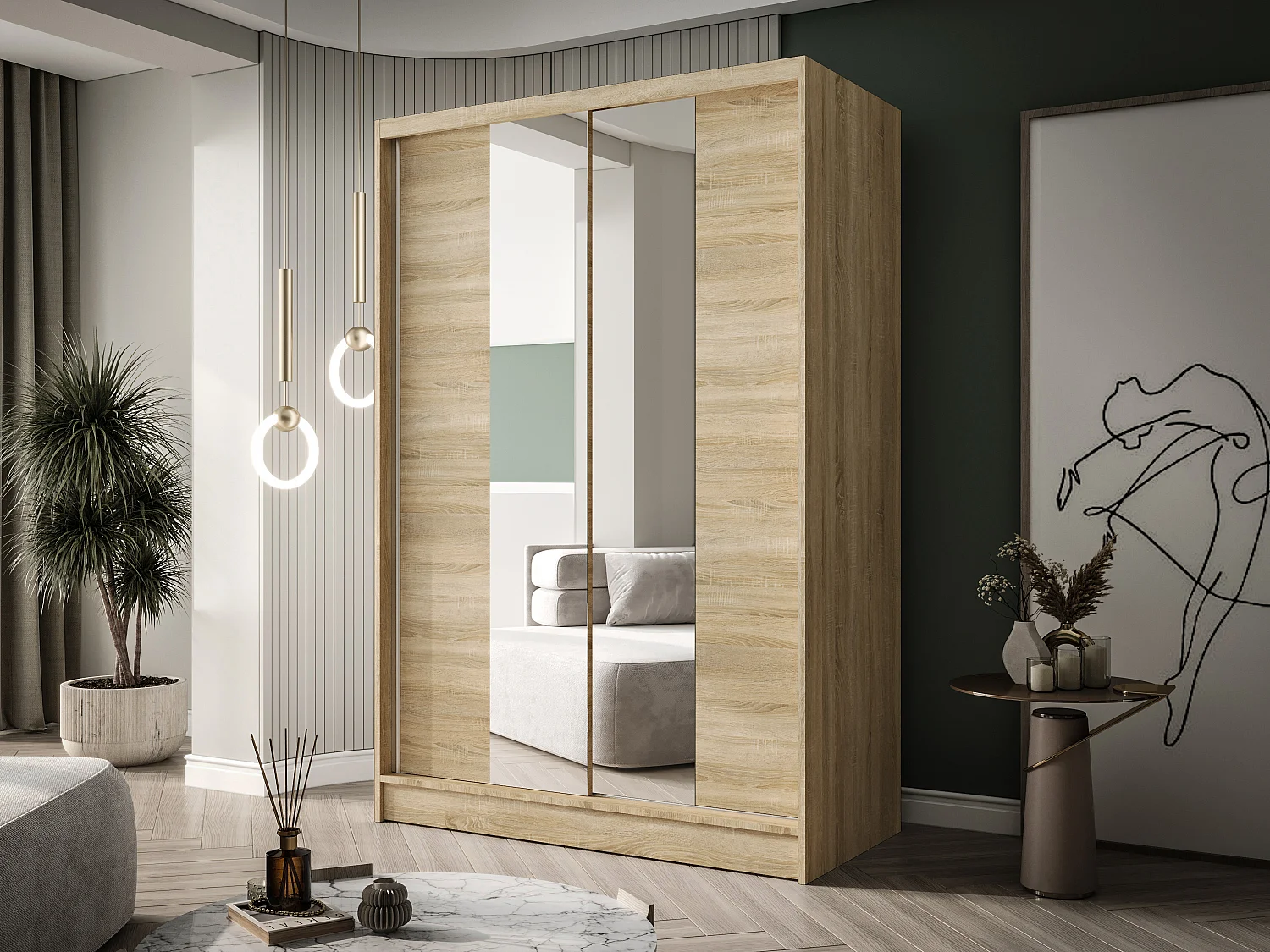 Zweitüriger Schiebeschrank mit Spiegel LAUSANNE L2, Regalböden und Kleiderstange (Sonoma)