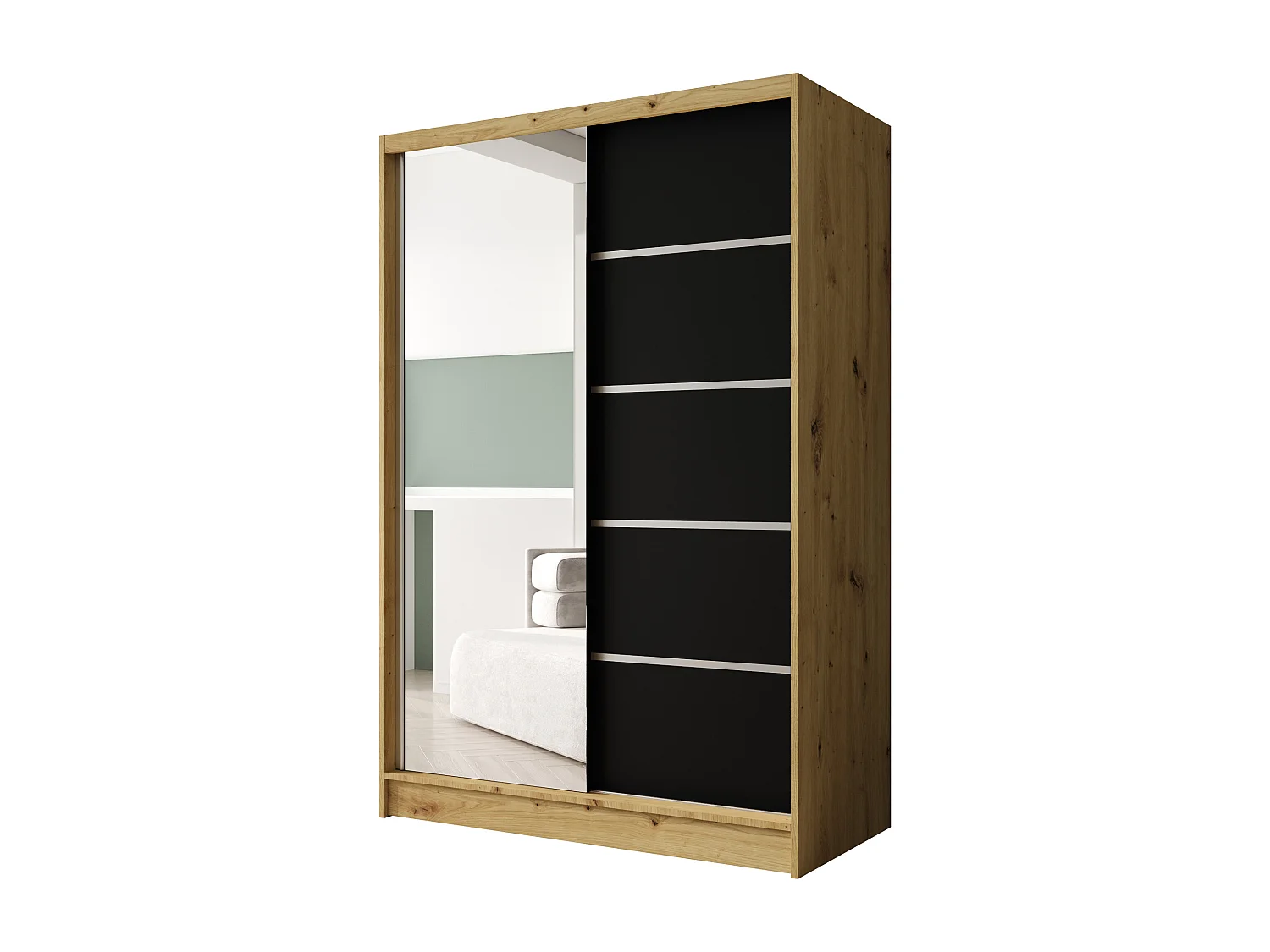 Zweitüriger Schiebeschrank mit Spiegel LAUSANNE L3, Regalböden und Kleiderstange (Artisan/Schwarz)