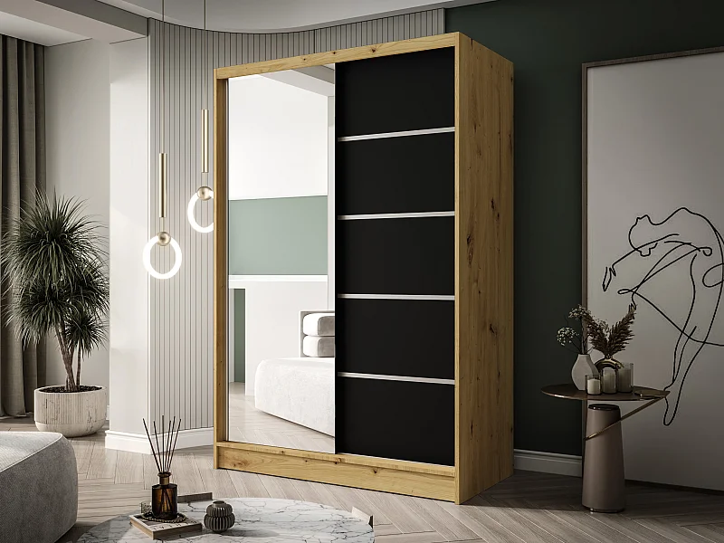 Zweitüriger Schiebeschrank mit Spiegel LAUSANNE L3, Regalböden und Kleiderstange (Artisan/Schwarz)