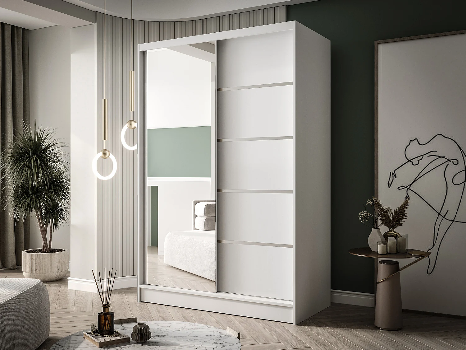 Zweitüriger Schiebeschrank mit Spiegel LAUSANNE L3, Regalböden und Kleiderstange (Weiß)