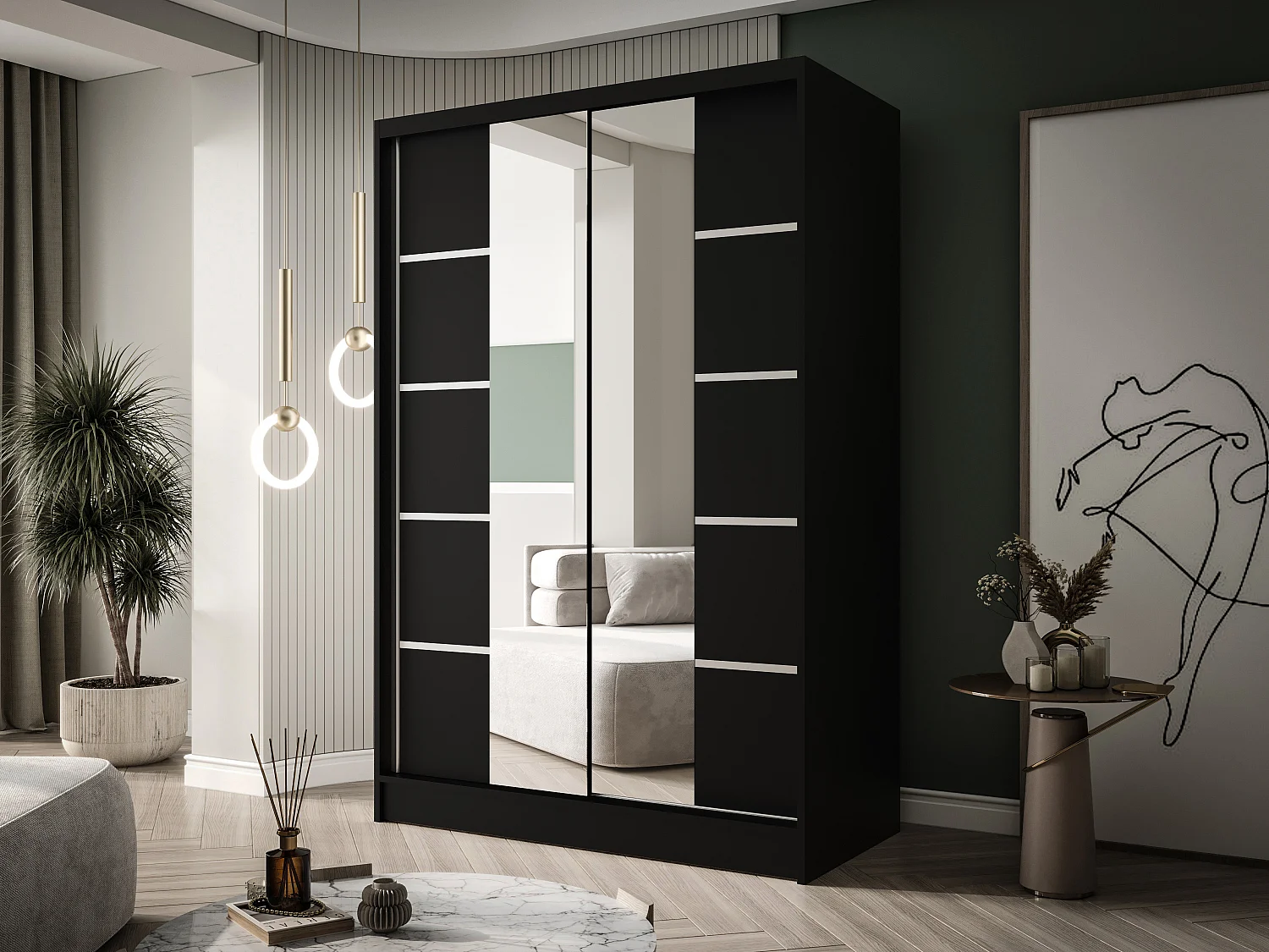 Zweitüriger Schiebeschrank mit Spiegel LAUSANNE L5, Regalböden und Kleiderstange (Schwarz)