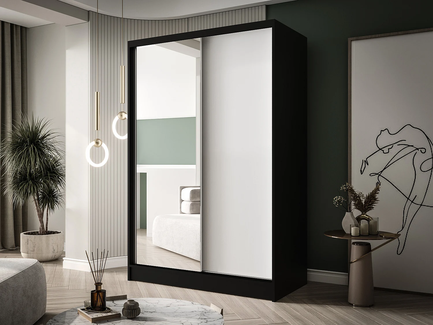 Zweitüriger Schiebeschrank mit Spiegel LAUSANNE L1, Regalböden und Kleiderstange (Schwarz/Weiß)