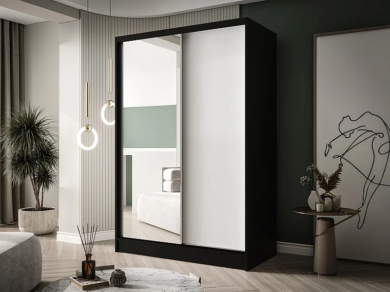 Zweitüriger Schiebeschrank mit Spiegel LAUSANNE L1, Regalböden und Kleiderstange (Schwarz/Weiß)