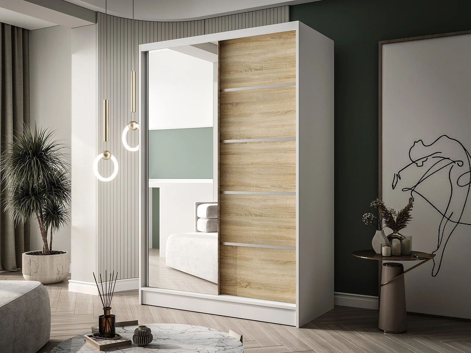 Zweitüriger Schiebeschrank mit Spiegel LAUSANNE L3, Regalböden und Kleiderstange (Weiß/Sonoma)