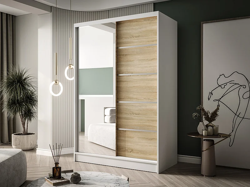 Zweitüriger Schiebeschrank mit Spiegel LAUSANNE L3, Regalböden und Kleiderstange (Weiß/Sonoma)