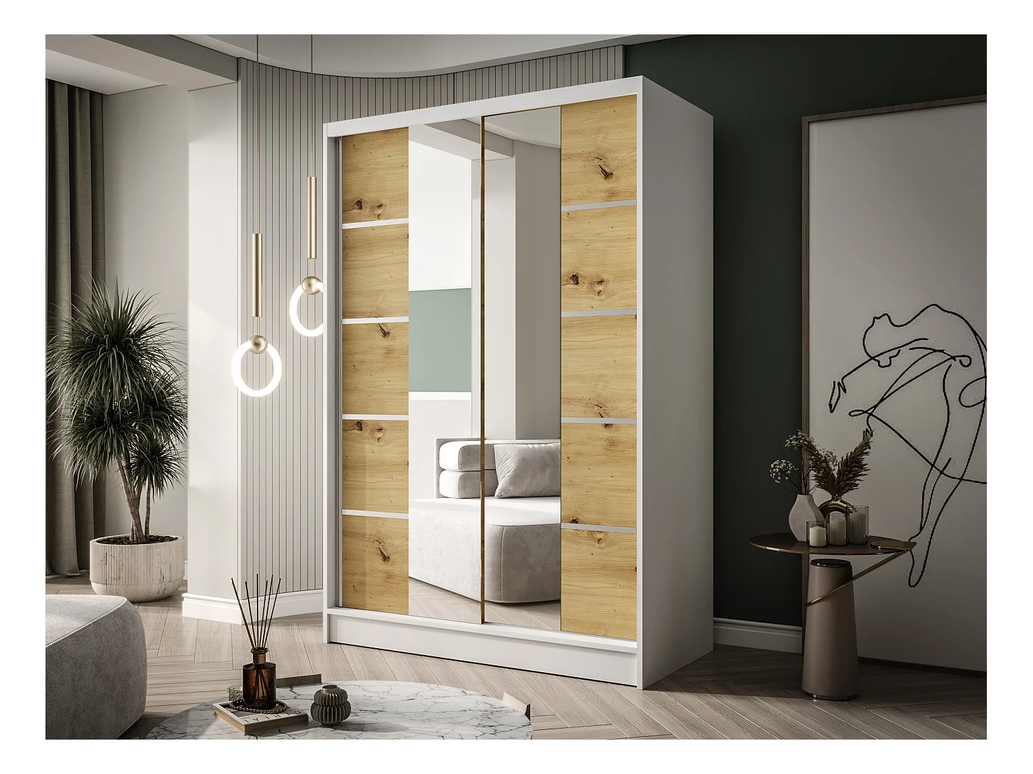 Zweitüriger Schiebeschrank mit Spiegel LAUSANNE L5, Regalböden und Kleiderstange (Weiß/Artisan)
