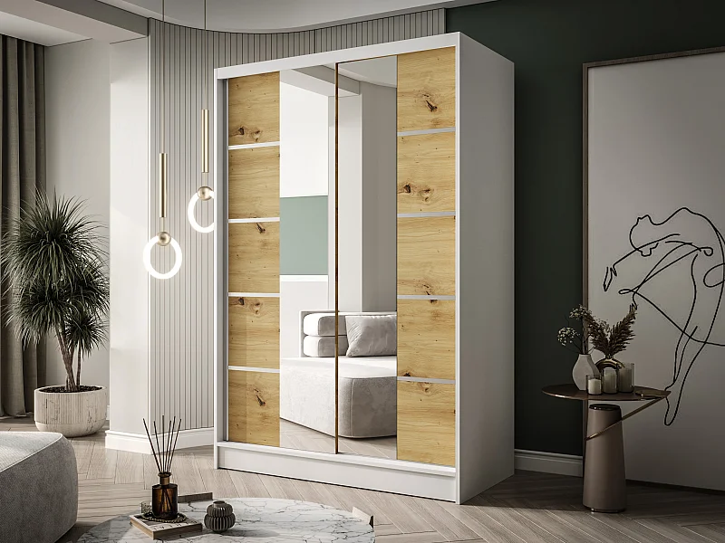 Zweitüriger Schiebeschrank mit Spiegel LAUSANNE L5, Regalböden und Kleiderstange (Weiß/Artisan)