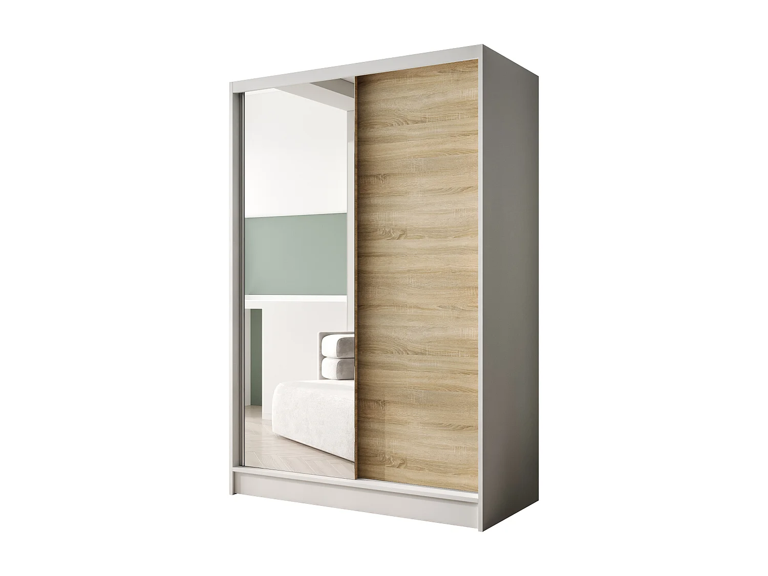 Zweitüriger Schiebeschrank mit Spiegel LAUSANNE L1, Regalböden und Kleiderstange (Weiß/Sonoma)