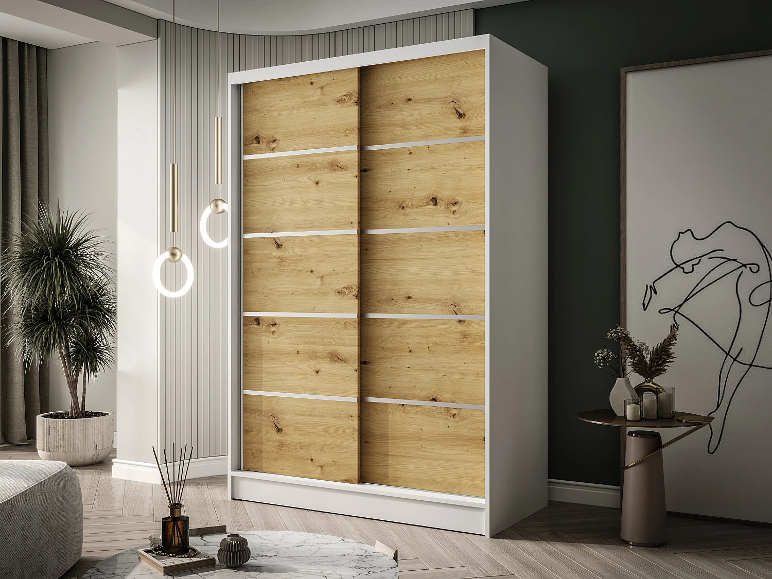 Zweitüriger Schiebeschrank LAUSANNE L4, Regalböden und Kleiderstange (Weiß/Artisan)