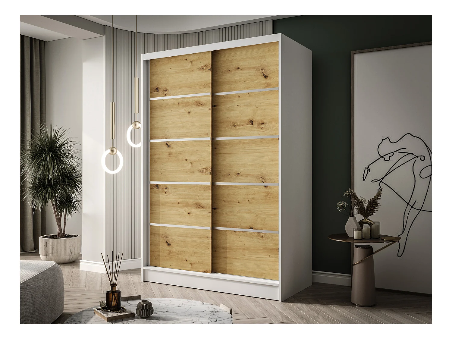 Zweitüriger Schiebeschrank LAUSANNE L4, Regalböden und Kleiderstange (Weiß/Artisan)