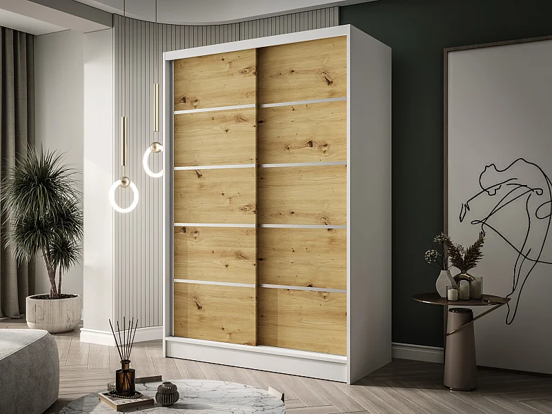 Zweitüriger Schiebeschrank LAUSANNE L4, Regalböden und Kleiderstange (Weiß/Artisan)