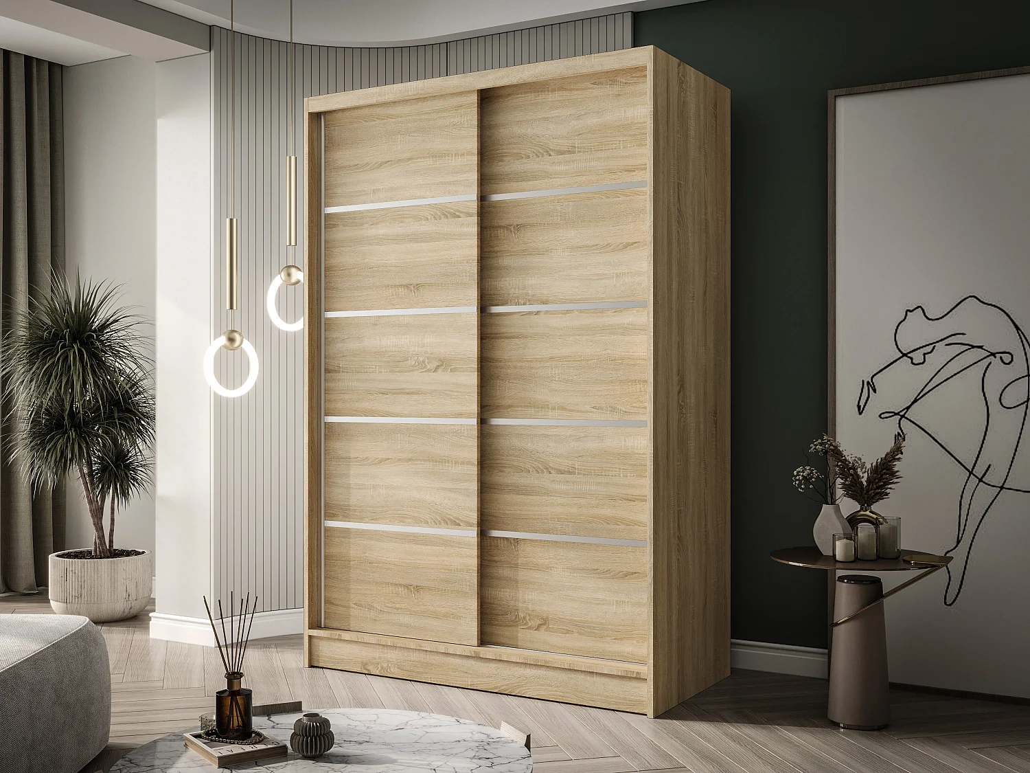 Zweitüriger Schiebeschrank LAUSANNE L4, Regalböden und Kleiderstange (Sonoma)