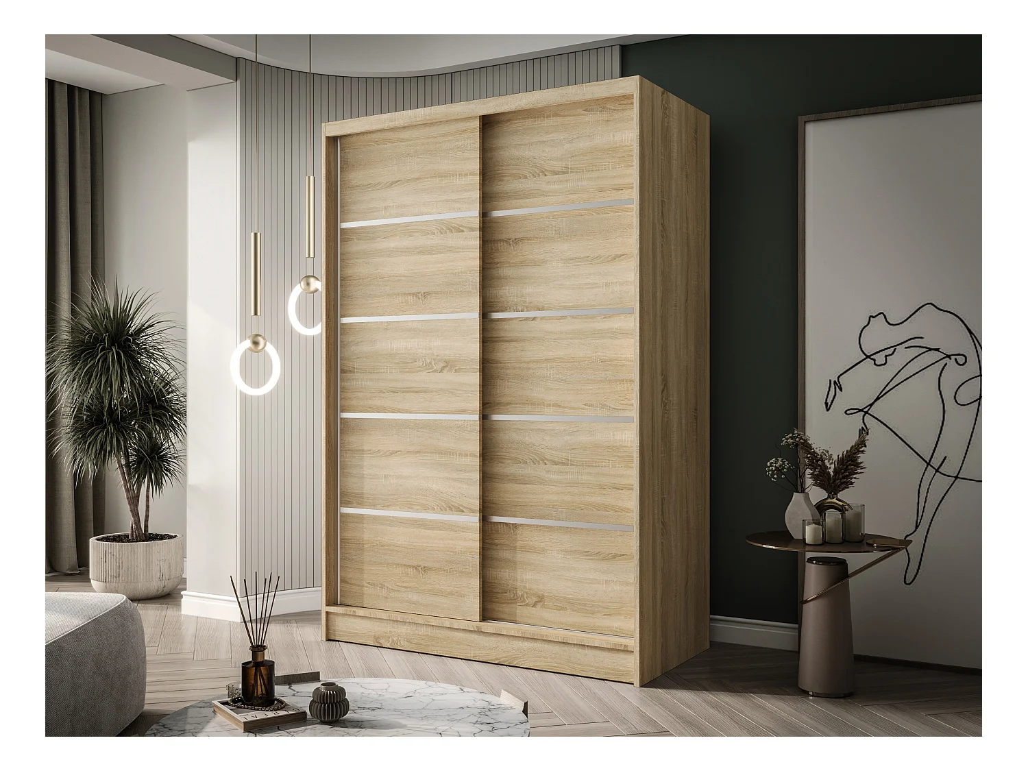 Zweitüriger Schiebeschrank LAUSANNE L4, Regalböden und Kleiderstange (Sonoma)